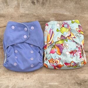 Lalabye Baby, one size cloth diapers reusable. Pair, one print one solid. *USED*